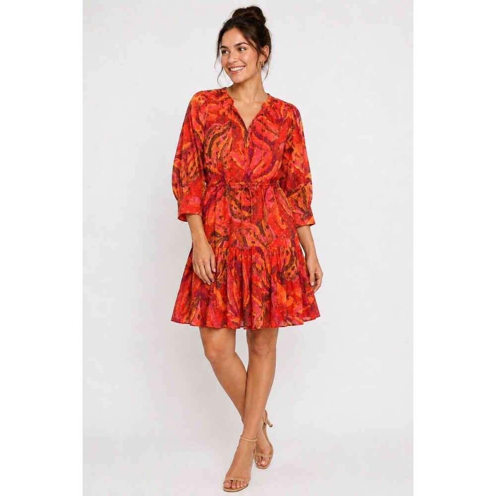 Farm Rio Dress Women's Size Large Red Banana Juice Boho Puff Sleeve Tie Mini